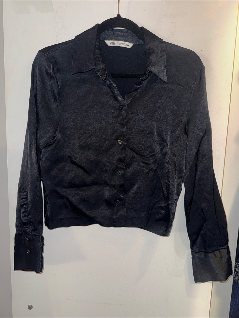 Zara Black Satin Button-Down Blouse